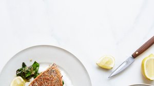 Almond-Crusted Trout with White Grits and Swiss Chard