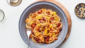 "Antipasto" Pasta with Sausage, Artichoke Hearts, and Sun-Dried Tomatoes