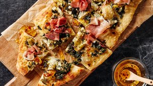 Artichoke, Spinach, and Prosciutto Flatbreads with Spicy Honey