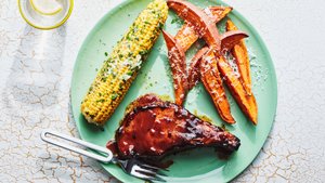 BBQ Pork Chops with Herb-Butter Corn and Sweet Potatoes