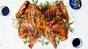 BBQ-Brined Grilled Turkey Under a Brick for Thanksgiving