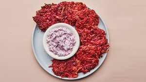 Beet Fritters With Beet Greens Yogurt
