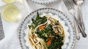 Black Cod Fillets Poached in Five-Spice Broth with Baby Bok Choy and Udon