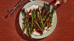 Blistered Asparagus With Labneh and Harissa