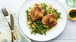 Braised Chicken with Asparagus, Peas, and Melted Leeks | Epicurious