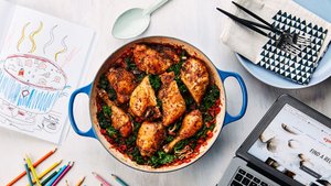 Braised Rotisserie Chicken with Bacon, Tomatoes, and Kale
