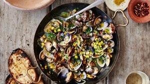 Brothy Steamed Clams with Corn