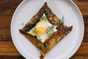 Buckwheat Crepes with Creamy Leeks and Baked Eggs
