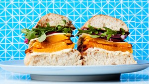 Butternut Squash Sandwich With Cheddar Cheese and Pickled Red Onion