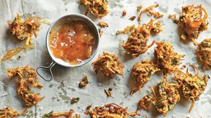 Carrot, Onion, and Spinach Bhajias With Mango Chutney