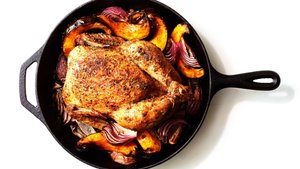 Cast-Iron Roast Chicken With Winter Squash, Red Onions, and Pancetta