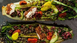 Charred Romaine Greek Salad With Quinoa-Crusted Feta
