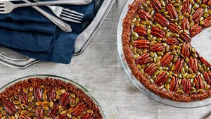 Chocolate, Pecan, and Pumpkin Seed Pie With Gingersnap Crust