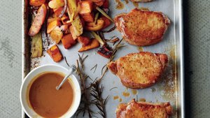 Cider-Dijon Pork Chops with Roasted Sweet Potatoes and Apples