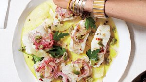 Cod With Lemon, Green Olive, and Onion Relish