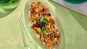 Corn, Plum, and Farro Salad with Nuoc Cham Dressing