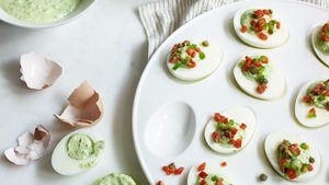 Deviled Green Eggs With Roasted Red Pepper and Capers