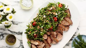 Dill-Crusted Pork Tenderloin with Farro, Pea, and Blistered Tomato Salad | Epicurious