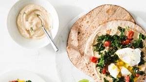 Egg, Kale, and Tomato Breakfast Wraps with Hummus