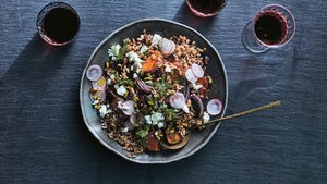 Farro Salad with Roasted Sweet Potatoes, Red Onion, and Goat Cheese