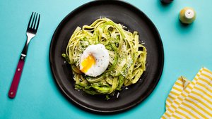Fettuccine With Asparagus, Beet Green Pesto, and Poached Egg