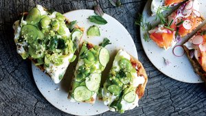 Flatbread with Fava Beans, Cucumbers, and Burrata