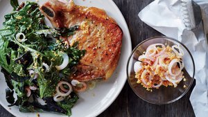 Flattened Pork Chops with Greens and Mustard Pan Sauce