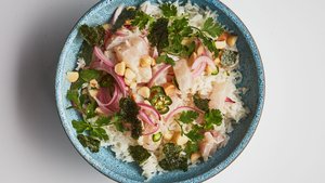 Fluke Poke With Coconut Rice and Pickled Onions