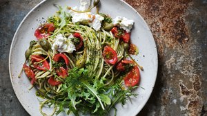 Fresh Tomato, Kale, and Caper Berry Pasta