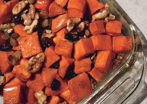 Garnet Yams with Maple Syrup, Walnuts, and Brandied Raisins