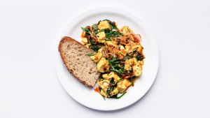 Ginger-Scallion Tofu Scramble With Spinach and Chili Oil