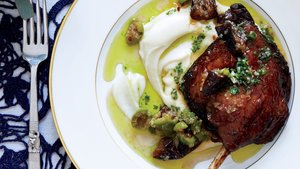 Glazed Duck Confit with Olive Relish and Sauce Verte