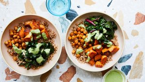 Grain Bowl With Roasted Sweet Potatoes, Spiced Chickpeas, and Chard