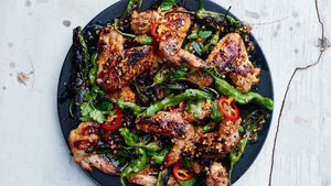Grilled Chicken Wings with Shishito Peppers and Herbs