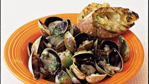 Grilled Clams with Lemon-Ginger Butter and Grilled Baguette