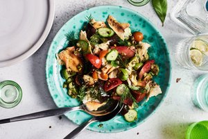 Grilled Fattoush with Halloumi and Eggplant