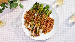 Grilled Leeks With Brown Butter and Spiced Hazelnuts