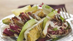 Grilled Marinated Tempeh Steak with Avocado, Radicchio, Orange Dressing, and Tahini