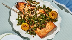 Grilled Party Salmon With Green Romesco