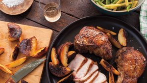 Grilled Pork Chops with Peaches and Pole Beans