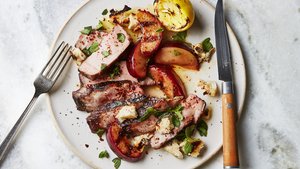 Grilled Pork Chops with Plums, Halloumi, and Lemon