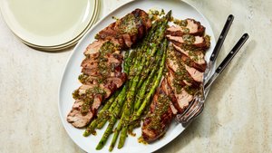Grilled Pork Tenderloin and Asparagus With Mustard-Herb Sauce