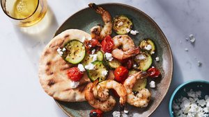 Grilled Shrimp, Zucchini, and Tomatoes with Feta in a Grill Basket