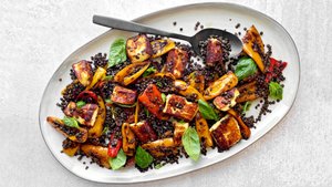 Grilling Cheese With Sweet Peppers and Black Lentils