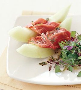 Honeydew and Prosciutto with Greens and Mint Vinaigrette