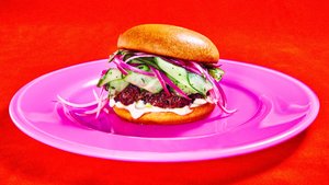 Juicy Bison Burger With Cucumber–Red Onion Slaw