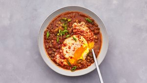 Kimchi-Lentil Stew With Poached Eggs