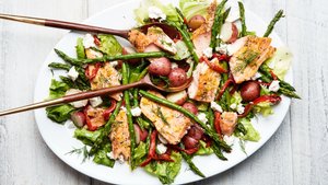 Lemon-Roasted Salmon With Escarole, Asparagus, and Potatoes