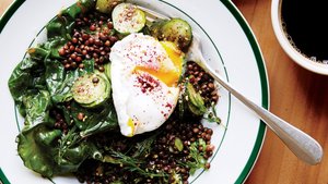 Lentils with Cucumbers, Chard, and Poached Egg