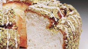 Lime Angel Food Cake with Lime Glaze and Pistachios